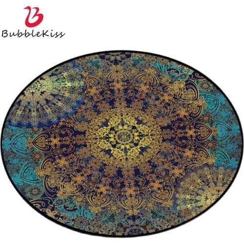 Bubble Kiss Classic Retro Style Round Carpet Blue Yellow Floral Pattern Rugs For Living Room Foldable Tea Tables Non-Slip Carpet