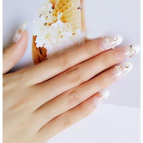 24 Pcs/Set Women Lady 3D False Nails With Glue Transparent Lace Designed Full Wrapped Tips Wedding Bride Fake Nail TY