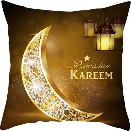Ramadan Pillowcase Cushion Cover Creative Golden Moon Hanging Lamp Printing Square Throw Pillow Cover Case for Household Office