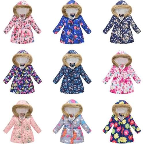 2020 autumn and winter new coats, a variety of boy cartoon girls print long fur collar hooded warm cotton vice clothing 3-8T