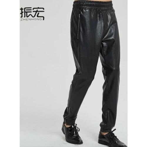 Black motorcycle faux leather pants mens feet pants elastic force fashion pu trousers for men personality pantalon homme