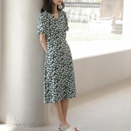 Green Print Button Midi Dress Fashion V-neck Summer Women Dresses Casual Lantern Sleeve Ladies Elegant A-line Vestidos