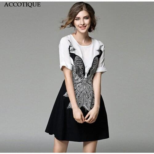Peacock Embroidery Womens Spring Summer White Black Patchwork Dress Female Fashion Short Sleeve Slim Casual Dresses
