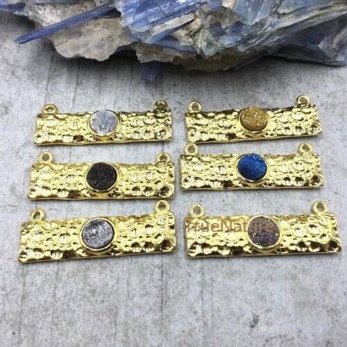 Fashion Brass Rectangle Bar Pendant With Druzy Pendant Accent Double Bails Charms Titanium In 51*40 mm PM4831