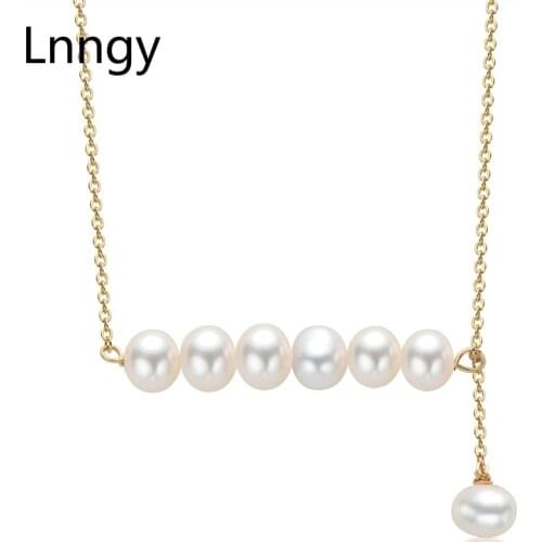 Lnngy 14K Gold Filled Yellow Chain Necklace 5-7mm Natural Freshwater Pearl Balance Beam Collar Necklace Engagement Jewelry Gifts