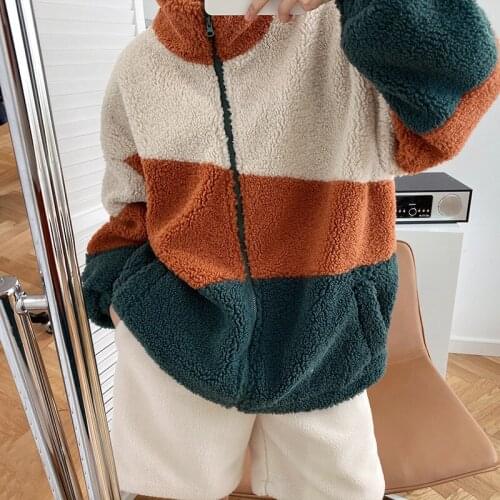 Women Warm Oversize Warm Women Furry Hoodies Women Tops 2021 Spring Long Sleeve Women Thick Hoodies Stand Color Zip Design