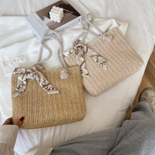 Vintage Women Straw Woven Silk Scarf Shoulder Shopping Tote Bag Casual All-match Ladies Large Capacity Handbag