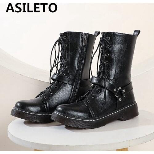 2021 Autumn Punk Buckle Women Motorcycle Boots Lace-up Zipper Female Ankle Boots Plus Size 34-43 High Quality Women Shoes S2372