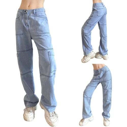 2021 New Women’s Korean Straight Jeans Fashion Solid Color Multi-pockets Stitching High-waist Denim Pants Jiker