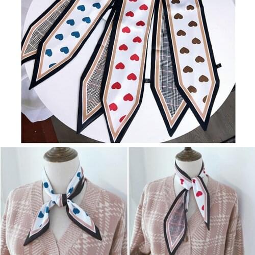 Yishine Women Long Scarf Female Silk Hair Neck Scarves Sweet Hearts Print Elegant Lady Head Band Scarves Bag Ribbons Tie Decor