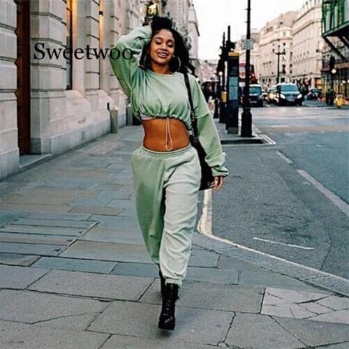 Fashion 2 Pieces Female Set Tracksuit Full Sleeve Drawstring Short Tops Pullovers Solid Elastic Tapered Pants