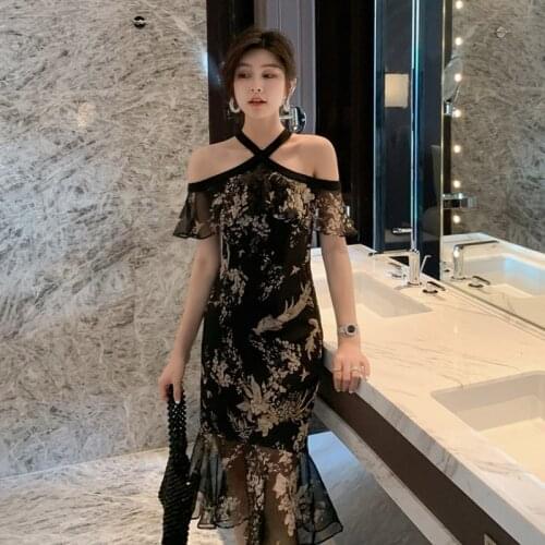 Dresses Summer 2021 New WomenS Sexy Off-The-Shoulder Halter Neck Ruffled Print Slim Slimming Fishtail Dress Office Lady AA5644