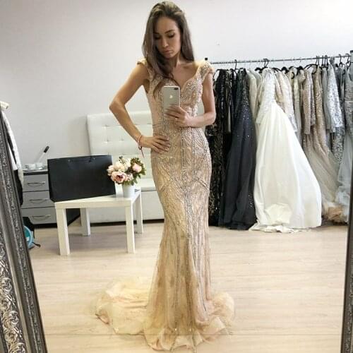 Beading Beading Formal Dress Sexy V-Neck Backless Light Champagne Mermaid Evening Dresses Saudi Arabic Prom Gown Robe De Soiree