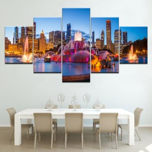 5 Panels Modern Modular art Chicago night view High Quality Canvas Painting Citys Night Wall Picture Decoraction Artwork