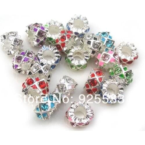 Free shipping 50pcs/lot mix color crystal rhinstone metal silver plated big hole beads fit European DIY bracelet jewelry