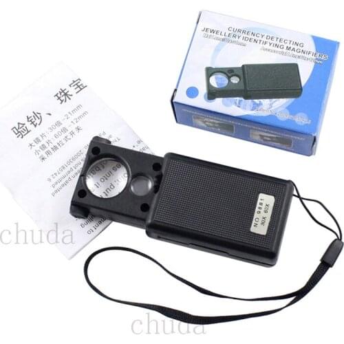 DHL 500pcs Handheld Magnifiers 30X 60X LED Jewelery Identify Pullout Magnifier Currency Detecting Loupes