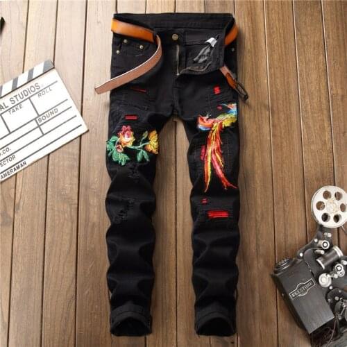 Fashion Ripped Trousers Mens Slim-fitting Tight-fitting Embroidery Decoration Jeans Autumn and Winter Trend Style