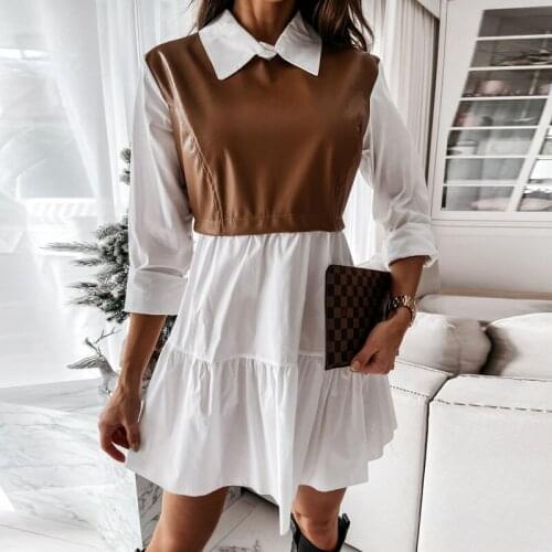 New Hot-Selling Shirt Skirt Stitching Leather Fake Two-Piece Dresses Fashion Casual Long Sleeve Female Party 2021 Mini Dress