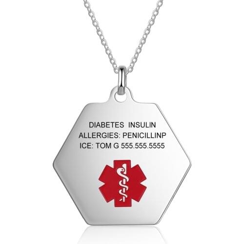 Personalized Medical Necklace Hexagon Pendant Alert ID Stainless Steel Jewelry Engraved Letters Simple Customized Gift for Women