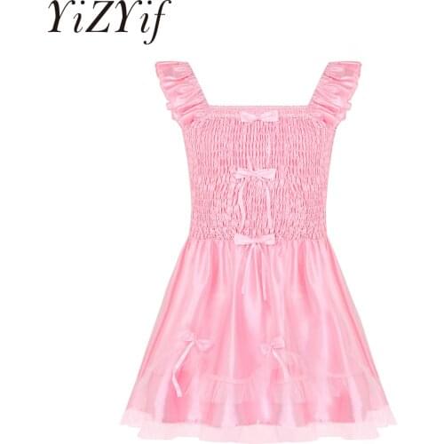 Gay Men Dress Sleeveless Ruffled Bodice with Ribbon Bows Stretchy Satin Sissy Dress Adult Baby Cross Dresser Costume Sexy Men