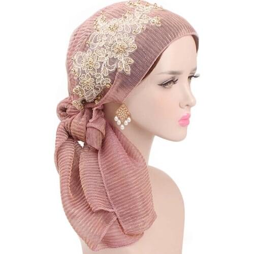 Muslim Women Rhinestone Crinkle Hijab Turban Caps Ladies Hair Loss Chemo Cap Islamic Bandana Turbans Long Tail Headscarf Hat