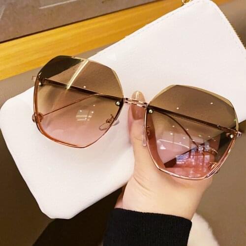 Vintage Brown Square Sunglasses Women Luxury Brand big round Sun Glasses Female Gradient Mirror Rimless Oculos De Sol