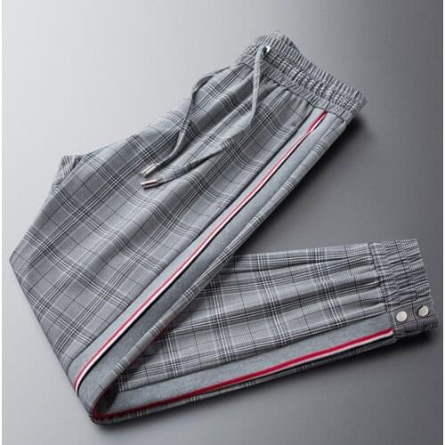 Light luxury gray plaid pants mens spring and summer new style waisted slim casual sports pants colored side webbing