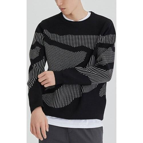 Korean Sweater Men Stripe Jacquard Round Neck Knit Long Sleeve Winter Man Clothes Jumper Male Black Pullover Knitted Pull Homme