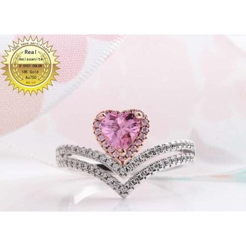 Solid 18K Gold 1ct pink Moissanite Diamond Ring D color VVS With national certificate 002