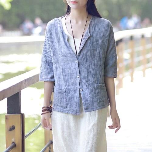 Johnature Women Shirts Chinese Style 2021 Summer New Casual Blouses Button Pockets Loose Cotton Linen Tops Brief 8 Colour Shirts