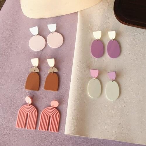 2021 Korea Fashion Macaron Color Geometric Round Oval Dangle Drop Earrings for Women Pink Acrylic Earrings Jewelry