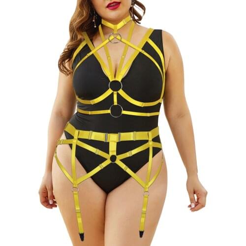 Plus Size Women Chest Binding Straps Body Bondage 2 Pcs Set Bdsm Erotic Hanging Neck Hollow Out Lingerie Stockings Garter Belt