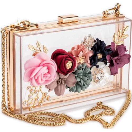 Women PVC+ fabric Flower Clutches Crossbody Floral Purse With Gold Chain Pearls Beaded Evening Bags For Wedding Prom Banquet I