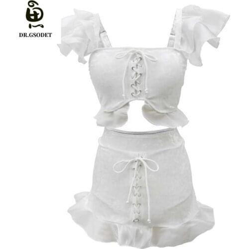 GSODET Sexy Lovely Swimsuit 2021 Women Summer Korean Ins Bikini Boxer Swimwear White Solid Lace Ruffled Bathing Suit Beachwear