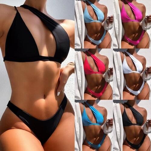 One Shoulder Bikini Swimsuit Women 2 Pieces Hollow Out Swim Bathing Suit Beachwear Solid Swimwear Summer 2020 Biquini Set