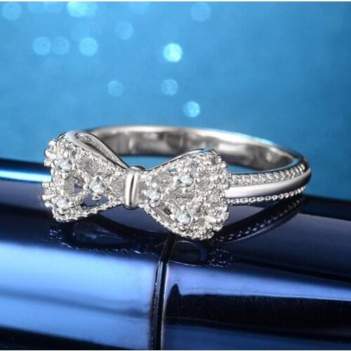 Women Fashion Silver Color Bowknot Natural Crystal AAA Cubic Zirconia Ring Charm Luxury Bride Eternal Engagement Jewelry