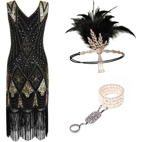 Womens 1920s Flapper Dress Great Gatsby Theme Party Evening Sequins V Neck Beaded Fringed Dresses Gown with Accessories Set