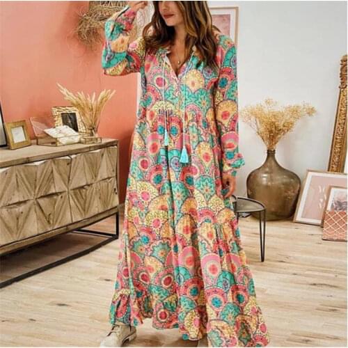 Boho Dress Women 2021 Spring Summer Elegant Lace Up Tassel V Neck Loose Long Dresses Vintage Long Sleeve Maxi Dress Vestidos