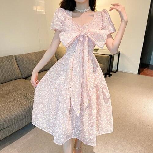 2021 New Fashion Womens French Fairy Dress Female Temperament Sweet Big Bowknot Pink Flowers Slim Dresses Robe