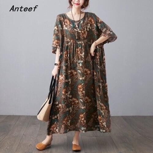 Short sleeve plus size cotton vintage floral dresses for women casual loose long summer dress elegant clothes 2021 sundress