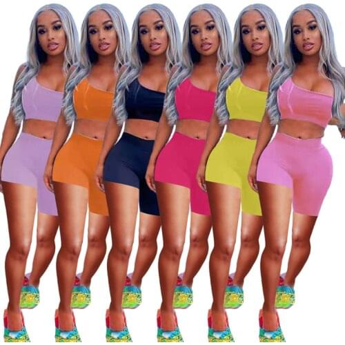 ZKYZWX Sexy Two Piece Club Outfits One Shoulder Crop Top Irregular Biker Shorts Summer Clothes for Women Swimwear Matching Sets