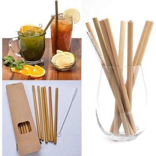 10pcs Bamboo Drinking Straws Reusable Eco-Friendly Party Kitchen + Clean Brush