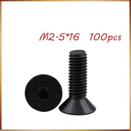 100pcs/Lot DIN7991 Metric M2.5*16mm Black Grade 10.9 Alloy Steel Countersunk Flat Head Hex Socket Cap Screw Bolt m2.5 bolts,nail