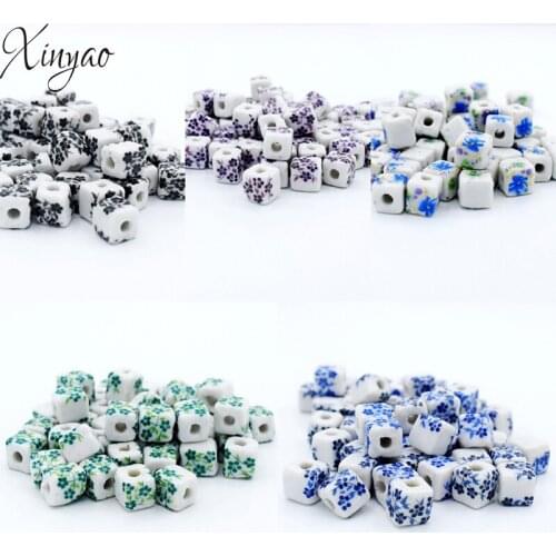 XINYAO 20Pcs 8mm Flower Square Ceramic Beads Blue Black Color Handmade Loose Spacer Porcelain Beads Diy Jewelry Making Supplies