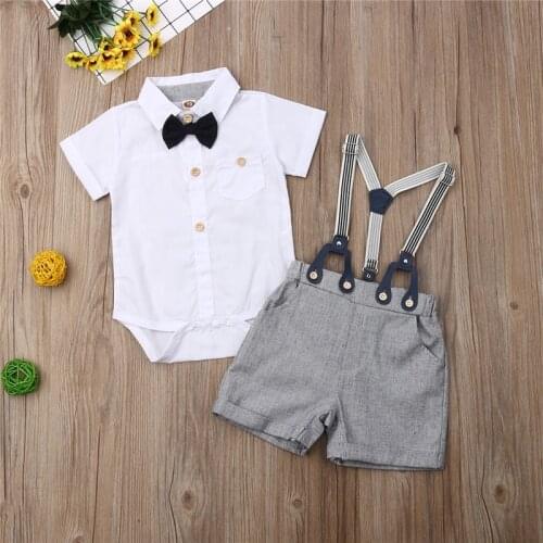 2020 Summer Infant Kid Baby Boy Short Sleeve Tops Blouse+Bib Shorts Outfit Overalls Clothes Summer Set