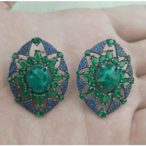 925 Sterling Silver Earrings Green Stone Statement Long Big Boho Cute Dangle Stud Earrings серьги с камнями 925