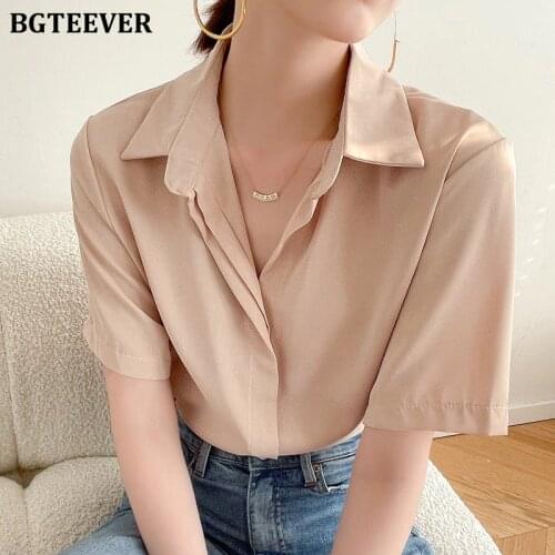 BGTEEVER Casual Turn-down Collar Ladies Solid Shirts Elegant Loose Short Sleeve Female Blouses 2021 Summer Women Pullovers Tops