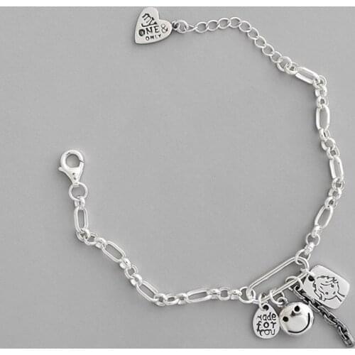 S925 Sterling Silver Bracelet For Women Vintage Doll Smiley English Tag Chain Female Bracelet