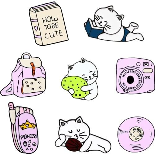 Cute Cat Reading Book Enamel Pins Pink Mobile phone CD Backpack Brooches Badges Lapel Pin Jackets Female Jewelry Brooch Gift