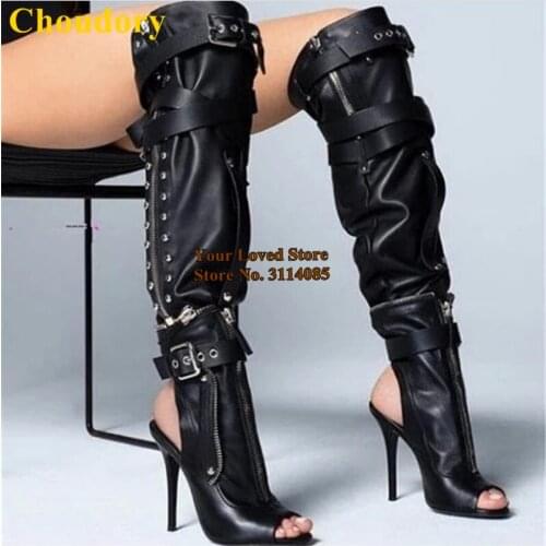 Choudory Punk Style Black Over-the-knee Buckle Strap Boots Open Toe Thin High Heel Studded Dress Boots Nighclub Shoes Size47